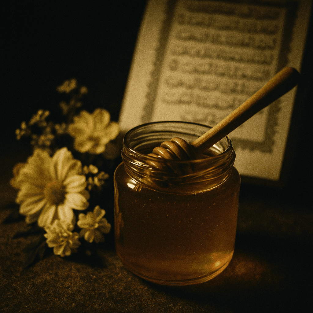 20250509 1546 honey, flowers, quran page simple compose 01jtv99ghcfcgvkcw8ktb796t5